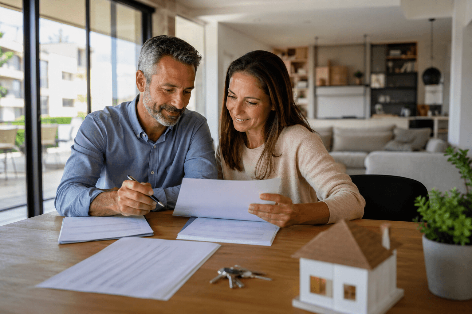 Pareja revisando la documentación para comprar una vivienda en Alcorcón