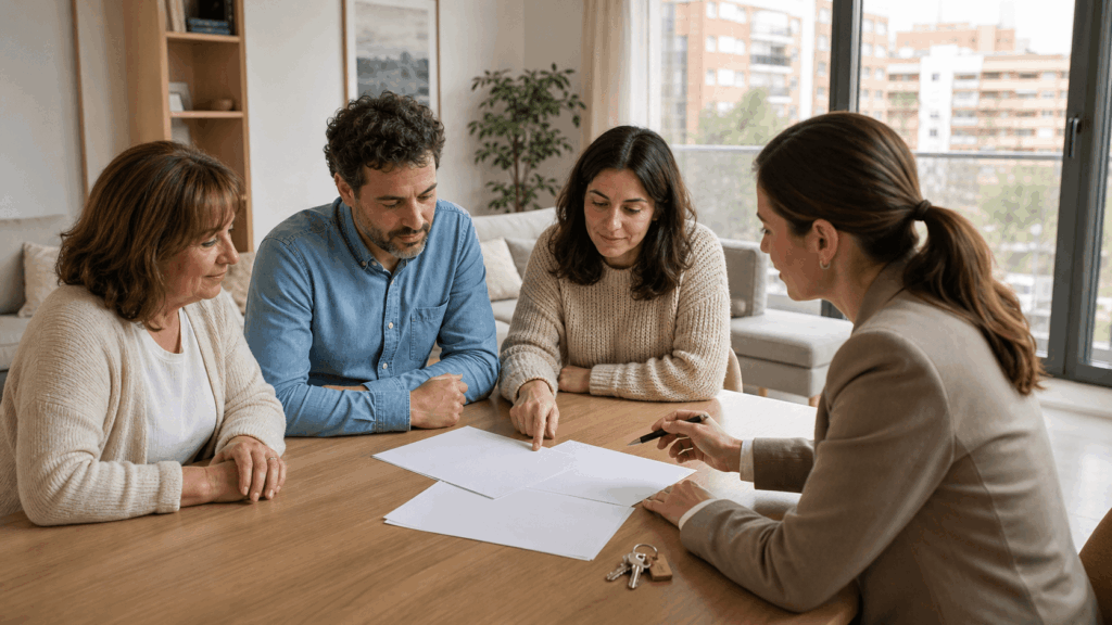 Varios propietarios reunidos con una agente para vender una vivienda en Alcorcón