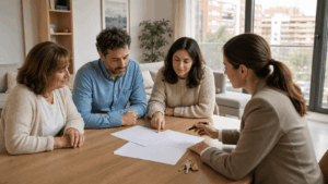 Varios propietarios reunidos con una agente para vender una vivienda en Alcorcón